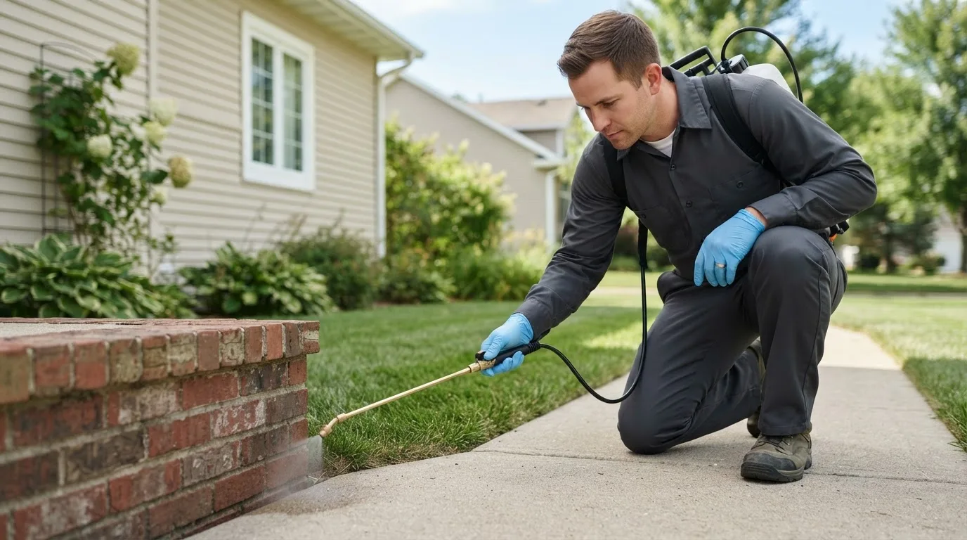 Pest control technician treating a home near De Lancey, PA